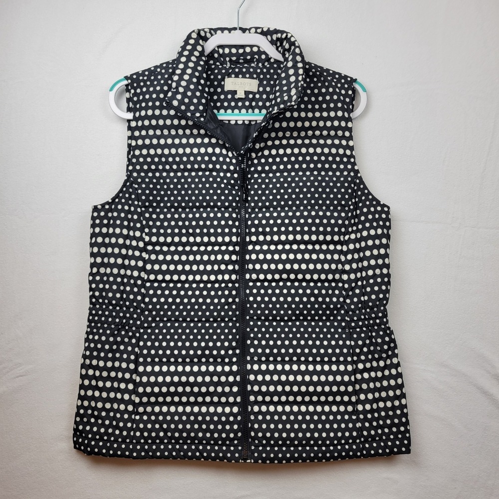 Talbots Polka Dot Puffer Vest Womens Medium Black White Sleeveless Full Zip